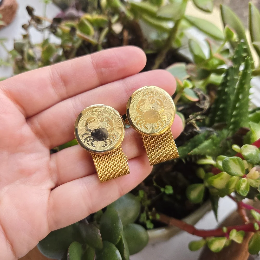 Vintage Gold Zodiac Cancer Astrological Crab Round Cuff Links
